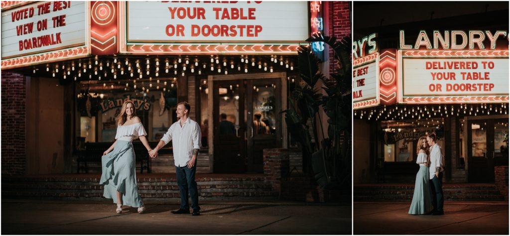Engagement Photography at night of couple on the Kemah Boardwalk, in Kemah Texas just outside of Houston Texas Wedding Photographer Cernosek Photography