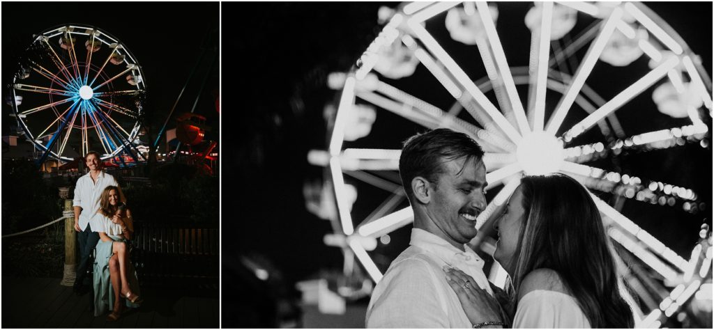Engagement Photography at night of couple on the Kemah Boardwalk, in Kemah Texas just outside of Houston Texas Wedding Photographer Cernosek Photography Ferris Wheel