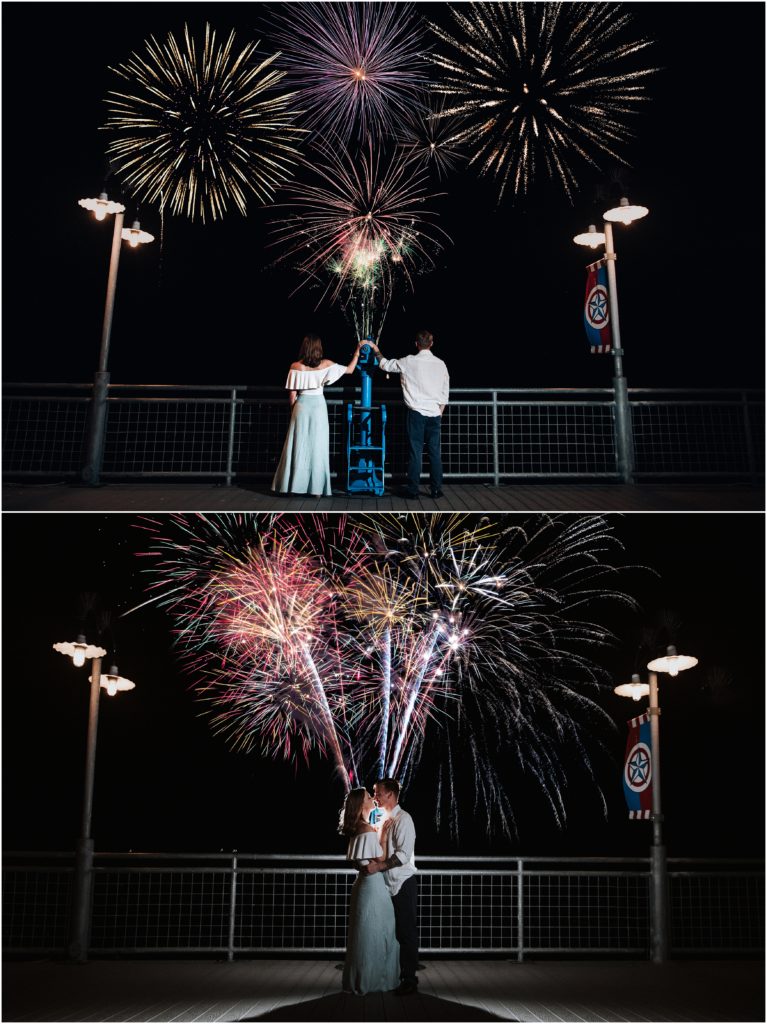Engagement Photography at night of couple on the Kemah Boardwalk watching fireworks, in Kemah Texas just outside of Houston Texas Wedding Photographer Cernosek Photography