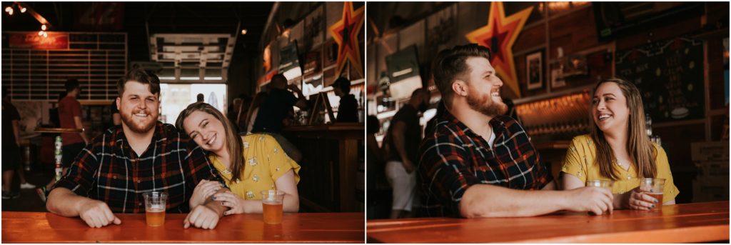 Engagement Photography at a brewery. 8th wonder brewery in Houston, Texas. Couple having fun, drinking beer, in Brewery. Wedding Photography.