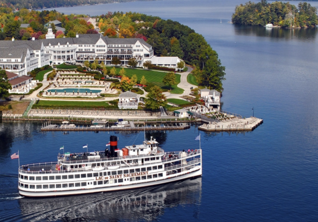An aerial view of the Lake George Steam Boat Company, boat. Best Lake George Wedding Venues