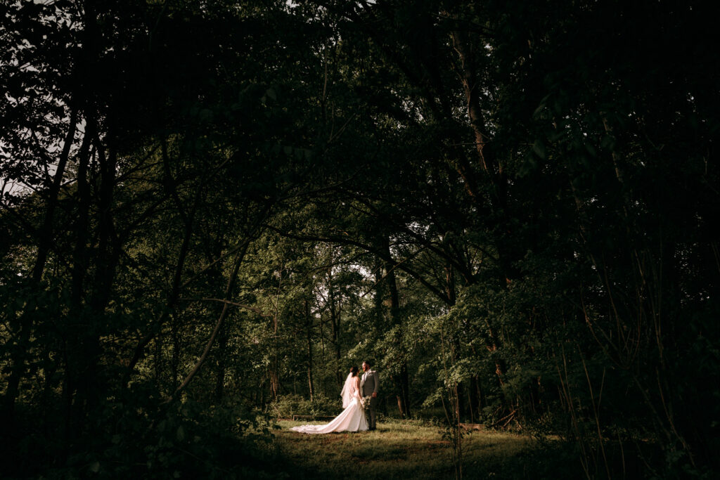 A couple in a beautiful patch of light in the forest.